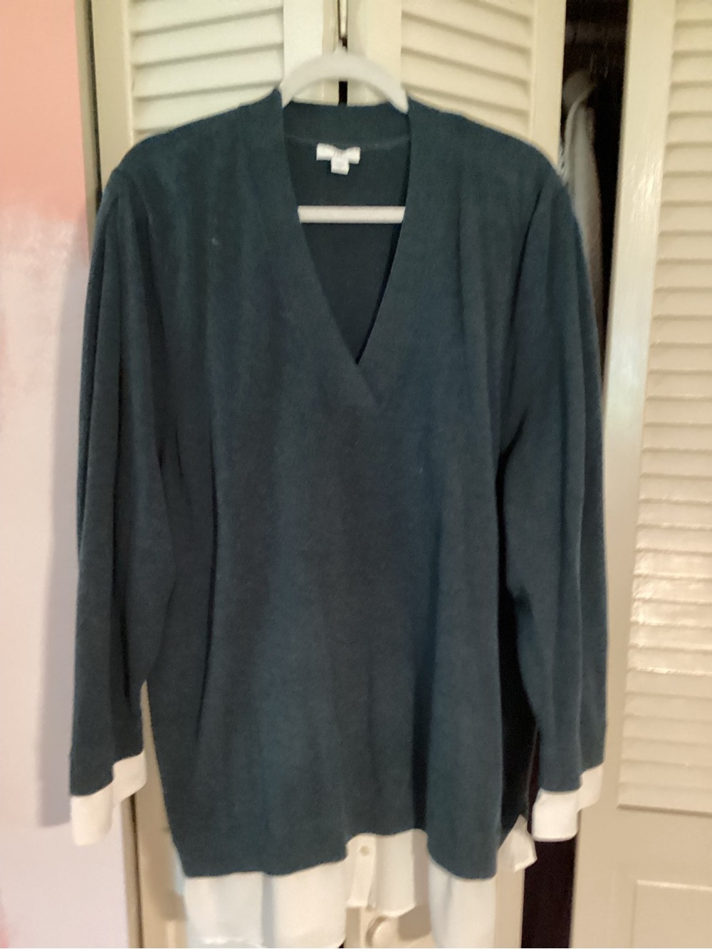 J. Jill Teal V-Neck Sweater with White Layered Hem